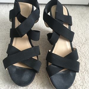 Black and Tan Open Toe Wedges